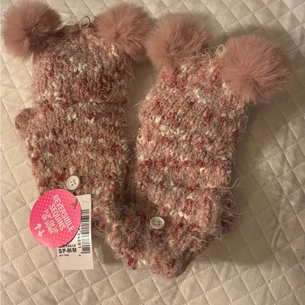 The Children's Place Pink Fuzzy Mittens with Sequin Hearts that reverse to sleep